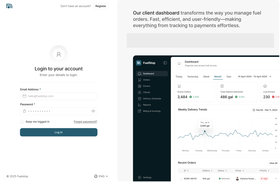 FuelStop mobile app interface showing fuel delivery management dashboard